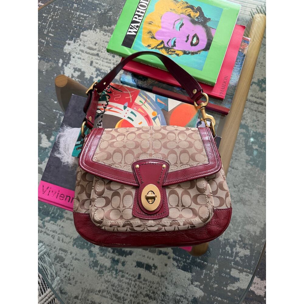 Coach Ali Signature Monogram Canvas Burgundy Shoulder Bag F12857